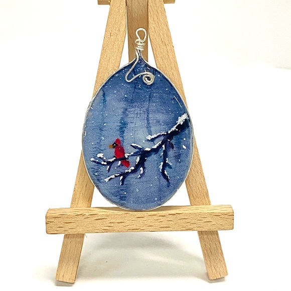 HANDMADE Mixed Media Hand Painted Acrylic Resin Art Cardinal Statement Pendant - Picture 5 of 9